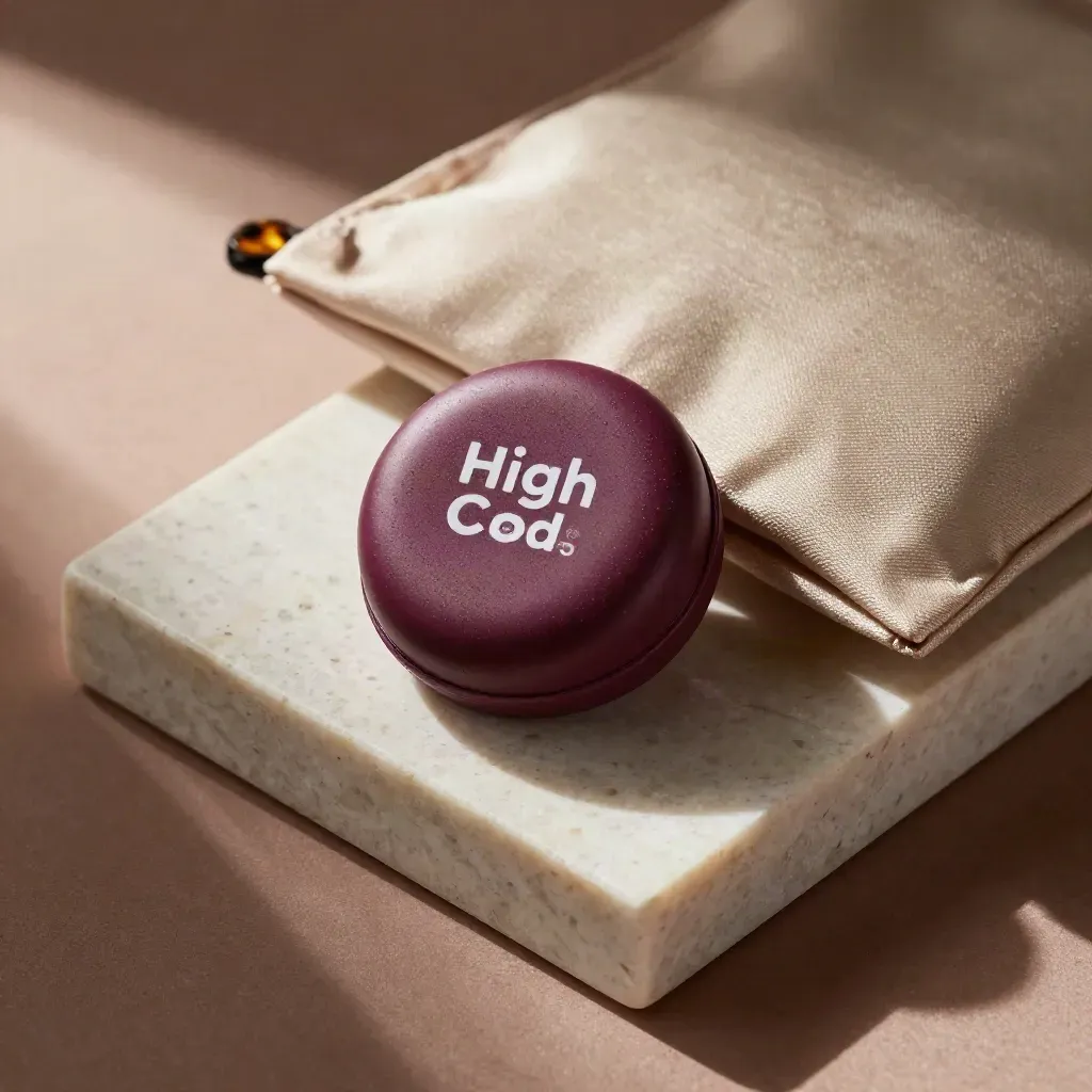 Top-down berry vape pod and satin pouch on a pale stone coaster in soft morning light.