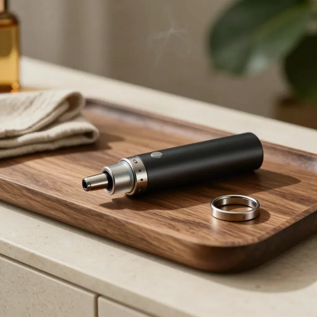 Slim pod battery and cartridge on walnut tray with connector ring in warm window light
