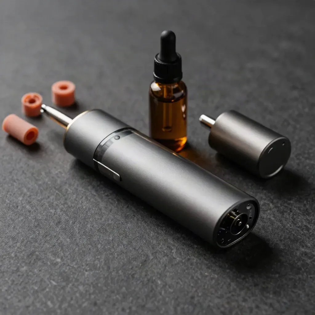 Extreme macro of a refillable vape pod body with dropper bottle, seals, and charger on dark stone.