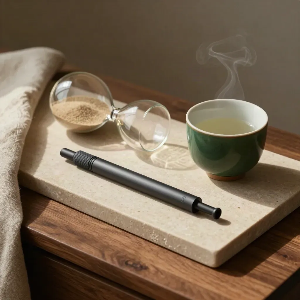 Top-down CBD pod, hourglass, and green ceramic cup on a warm stone side table in soft afternoon light.