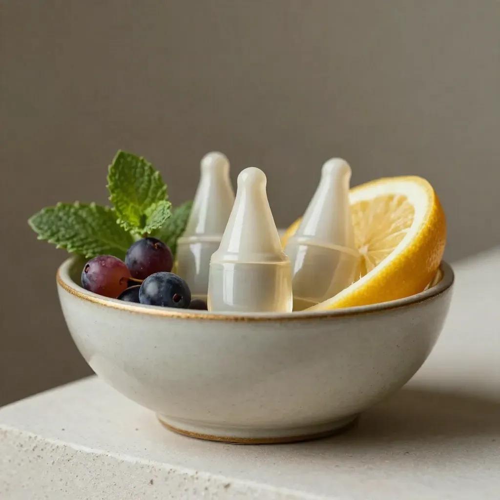 Ceramic bowl of CBD pods with mint, berry, and citrus on a plaster shelf