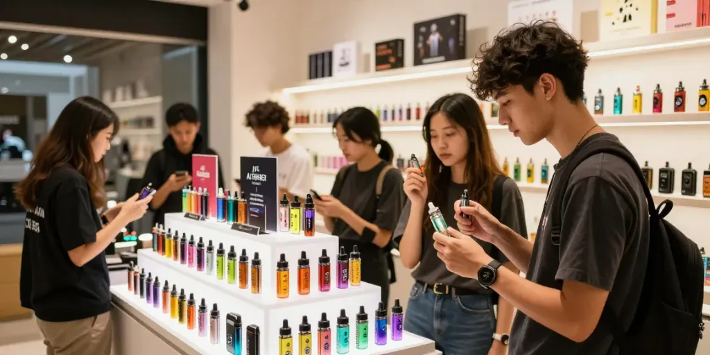 Entdecke die Al Fakher 8K Crystal Vapes innerhalb eines einladenden Vape-Shops mit lebendiger Atmosphäre.